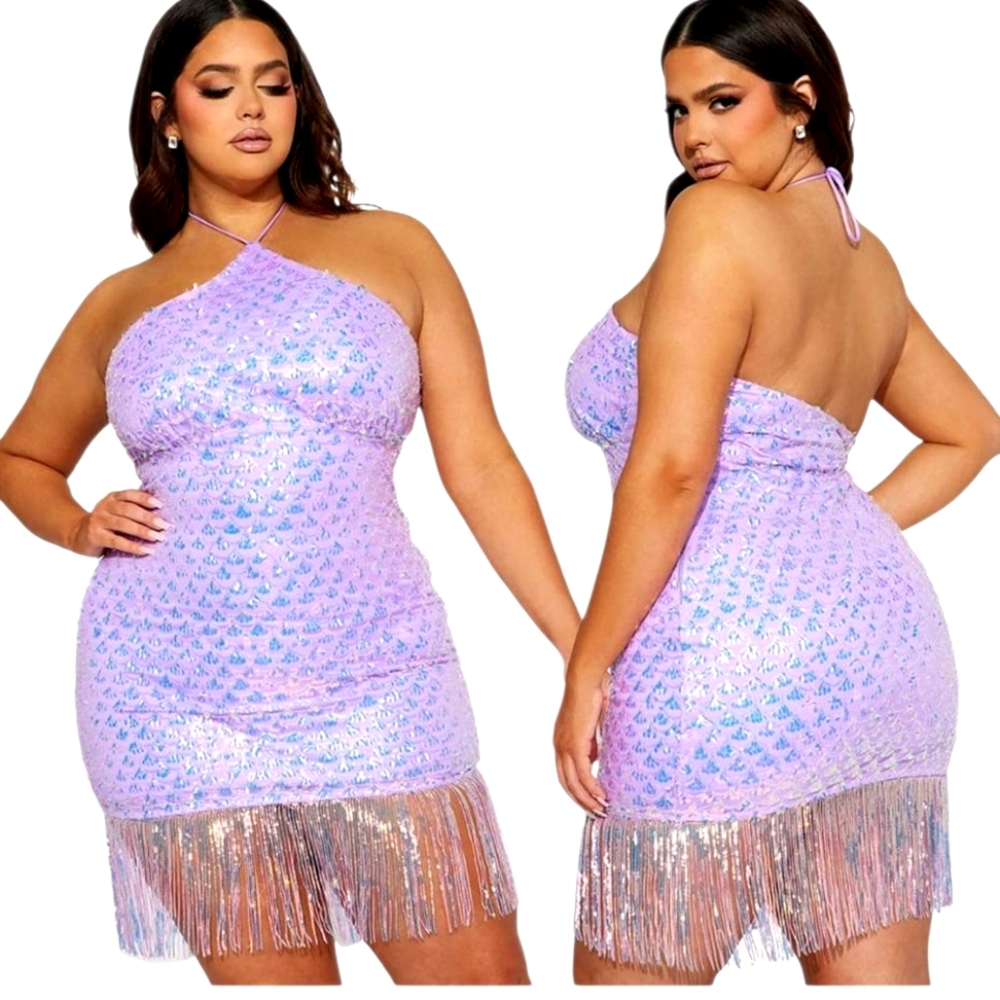 Nwt Fashion Nova Lavender Iradecent Sequin Vitamin Sea Halter Fringed Mini Dress - Picture 13 of 17